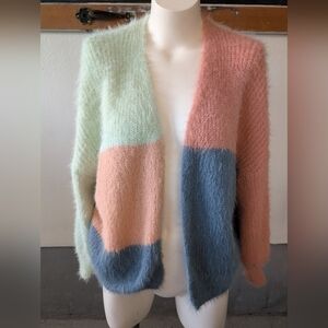 Dreamers Cardigan Open Front Sluchy Colorblock Blue, Green Fuzzy  Sweater Sz S